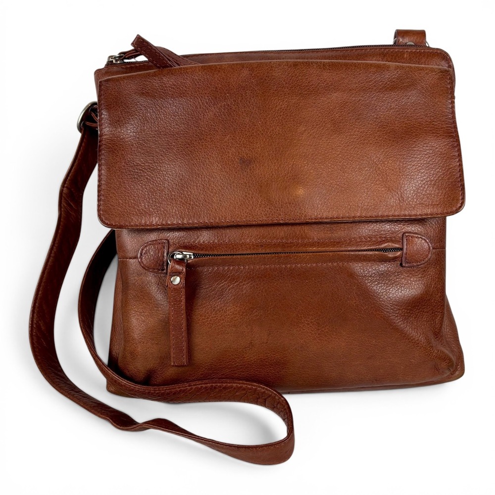 Magellan Cognac Brown‎ Pebbled Leather Crossbody Bag Multi-Pocket Trvl Messenger